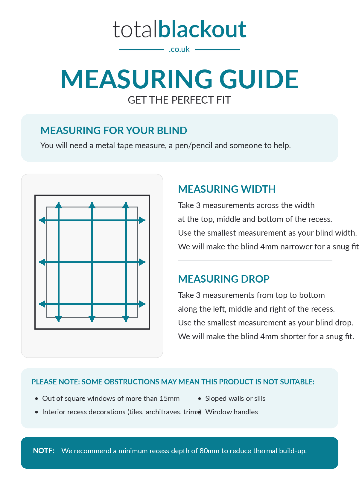 Total Blackout measuring guide showing width and height measurement points